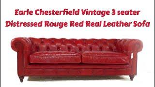 Earle Chesterfield Vintage 3 seater Distressed Rouge Red Real Leather Sofa