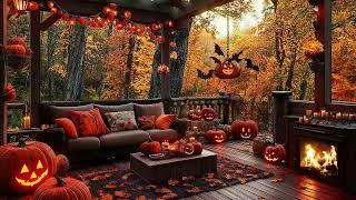 Autumn Porch Ambience  Cozy Morning with Smooth Jazz Music & Crackling Fireplace for Work, Unwind