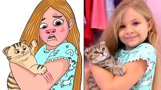 Diana and Roma Take care of the kitten - funny cartoon drawing meme  | 