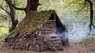 Survival & Building StoneBushcraft shelter With One Knife, Edible Mushrooms, Solo Overnight (part2)