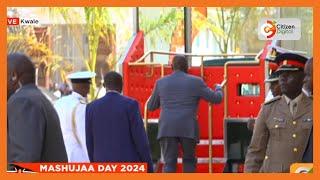 President William Ruto arrives at Kwale Stadium to lead 61st Mashujaa Day celebrations