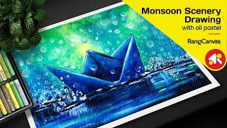 Monsoon drawing oil pastel | Monsoon scenery drawing | Monsoon drawing - Rang Canvas