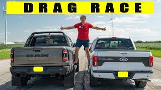 2021 Ram 1500 TRX vs Ford F 150 Roush, one disappears. Drag and Roll Race.