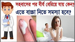 Semen/Sperm leakage after intercourse. সহবাসের পর বীর্য বেরিয়ে গেলে বাচ্চা হবে? semen leakage