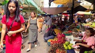 Cambodian Market Tour - Plenty Fresh foods, Meat, fruits, Vegetables @ Street Market in Phnon Pen