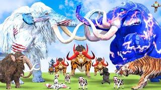 10 Mammoth Elephant Cow vs 5 Giant Tiger Wolf Lion Fight Zombie Elephant Saved by Woolly Mammoth