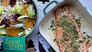 Mary Berg's Roasted Salmon with Pistachio Gremolata and Winter Greens Salad | The Good Stuff