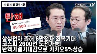 [한국시황] 12월13일 "삼성전자 올해 6만전자 회복기대! 코스피 2600선 도전가능! 탄핵 가결 기대감으로 카카오 5% 상승!"