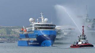 Ocean Albatros leaving Portsmouth Harbour complete with water salute - Sunday 28 April 2024