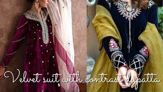 Velvet suit color combination | Velvet suit design with contrast dupatta | Latest velvet suit design