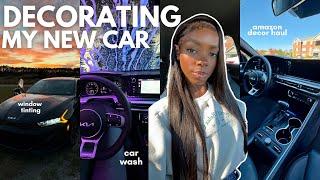 DECORATE MY NEW CAR WITH ME | amazon car decor haul, window tints, car wash + MORE!