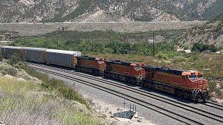 Double Vision! Trains Meet & Cross San Andreas Fault Zone! Blue Cut Cajon Pass California! 4KHDR!