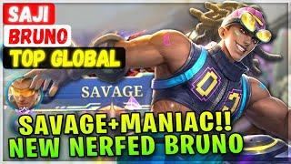 SAVAGE+MANIAC!! New Nerfed Bruno [ Top Global Bruno ] Saji Mobile Legends Gameplay Emblem And Build