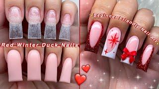 TRYING DUCK NAILS FOR THE FIRST TIME! | RED WINTER DUCK NAILS️ BEGINNER FRIENDLY NAIL ART