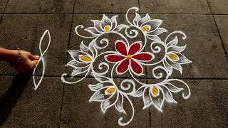 Daily Lotus Rangoli Designs |  5x3 Dots Small Muggulu | Easy Kolam Designs With Borders