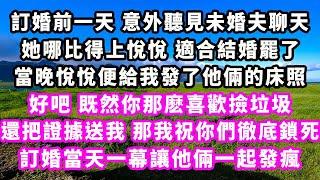 訂婚前一天意外聽見未婚夫聊天，她哪比得上悅悅，適合結婚罷了，當晚悅悅便給我發了他倆的床照，好吧，既然你那麽喜歡撿垃圾還把證據送我，那我祝你們徹底鎖死，訂婚當天一幕讓他倆一起發瘋#追妻火葬場#大女主