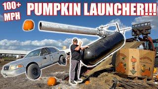 Launching Pumpkins 100+MPH At My Crown Vic!! This Pumpkin Launcher Is No Joke.. + HUGE ANNOUNCEMENT!