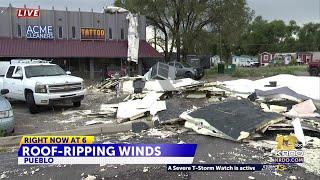 Roof of building blown off in wild windy storms in North Pueblo