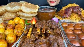 ASMR EATING PURI MUTTON CURRY,,EGG CURRY,CHICKEN BIRYANI,GULAB JAMUN