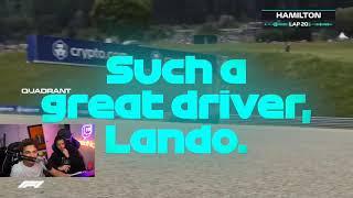 Lando Norris reacts to Lewis Hamilton's radio after overtaking him at the Austrian GP