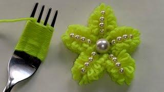 Amazing Hand Embroidery Woolen Flower making with Fork | Easy Sewing Hack