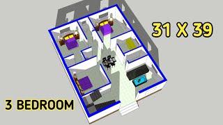 3 BHK house plan || 31x39 house plan design || ghar ka 3d naksha || House plan || Naksha