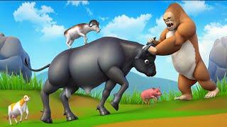 Giant Gorilla vs Buffalo: Epic Battle of Farm Friends | Funny 3D Animal Animation!