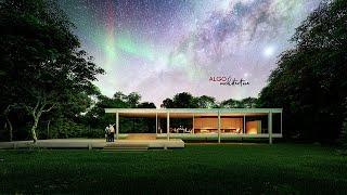 The Farnsworth House with Aurora Borealis