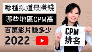 【YouTube賺錢】哪種頻道最賺錢？YouTuber頻道分類CPM排名！哪些地區CPM最高？CPM和RPM有什麼不同？什麼類型的YouTube頻道最賺錢？百萬影片賺多少錢？公布後台數據