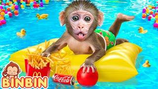 Monkey Binbin Challenge Swimming at Watermelon Pool with Funny Animal Friends | MONO BINBIN ESP