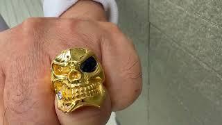 Blue Sapphire 14K Yellow Gold Mens Skull Ring