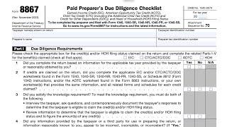 IRS Form 8867 walkthrough (Paid Preparer's Due Diligence Checklist)