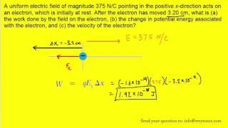 A uniform electric field of magnitude 375 N/C pointing in the positive x-direction acts on an electr