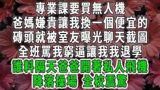 專業課要買無人機，爸媽嫌貴讓我換一個便宜的，磚頭就被室友曝光聊天截圖，全班罵我窮逼讓我我退學，誰料隔天爸爸開著私人飛機，降落操場 全校震驚#荷上清風 #爽文