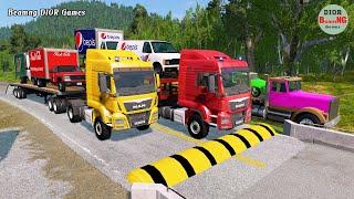 Double Flatbed Trailer Truck vs speed bumps|Busses vs speed bumps|Beamng Drive|202