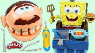 Feeding Mr. Play Doh Head With SpongeBob Krabby Patty Grill!