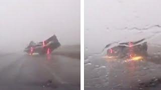 Semi-Truck Tips Over From Strong Winds on Highway #shorts