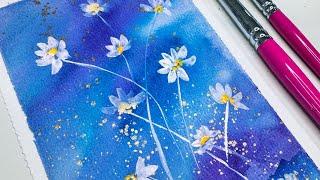 Delicate Daisy Blooms Against a Dreamy Blue Wash—Pure Watercolor Magic! Fun tutorial