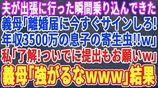 【スカッと】夫が海外出張に行った初日、義母が突然乗り込んで「年収3,500万の息子の寄生虫がw離婚よ」私「ありがとうございますw」義母「強がるなｗ」→年収3,500万が私だと知らずに離婚すると義母がｗ