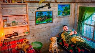 Bushcraft House in the Forest. Rain and Food in the forest