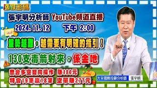 2024.11.12 張宇明台股解盤  盤勢越難，越需要有明確的指引！130支毒箭射不死，係金吔！特會19筆贏18筆 空單賺277元。普會多空雙向操作 賺180.7元【#張宇明分析師】