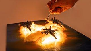 Fighter diorama flying in a fiery sunset(Oil painting)