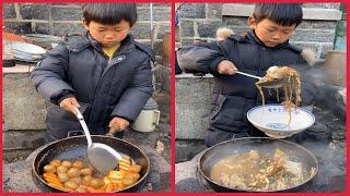 Rural little boy cooking food 조리  クック Enjoy His Everyday Life .