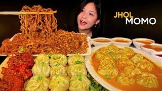 Momo Mukbang || Spicy Black Bean Korean Noodles Pasta Mix With Chicken Jhol Momo & Buff Momo