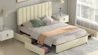 Assemble: VECELO Upholstered Bed Frame with 4 Drawers and Adjustable Headboard