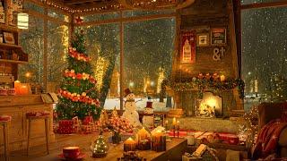 4K Snow Night on Window at Christmas Coffee Shop Ambience  Relaxing Jazz Music to Relax/Study to