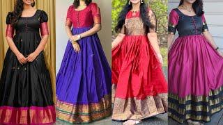 Latest Silk gown design ideas 2023 || Saree pattern long gown dress design || Long gown designs