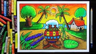 Pongal festival Drawing for Beginners and School Students | Pongal Landscape Drawing