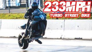 Fastest Street Bike EVER! 750HP Turbo GSXR Goes 233MPH in 6 Seconds (WHEELIES ACROSS FINISH LINE!)