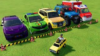 TRANSPORTATION OF POLICE CARS, AMBULANCES, FIRE TRUCKS WITH TRUCKS, COLORFUL CARS, FARMING SIMULATOR